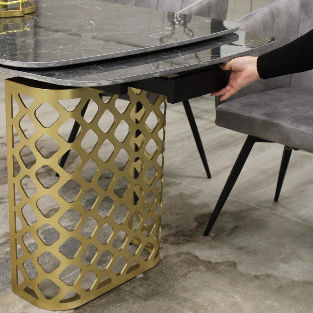 Black Ceramic Marble Effect Extending Dining Table Gold Base